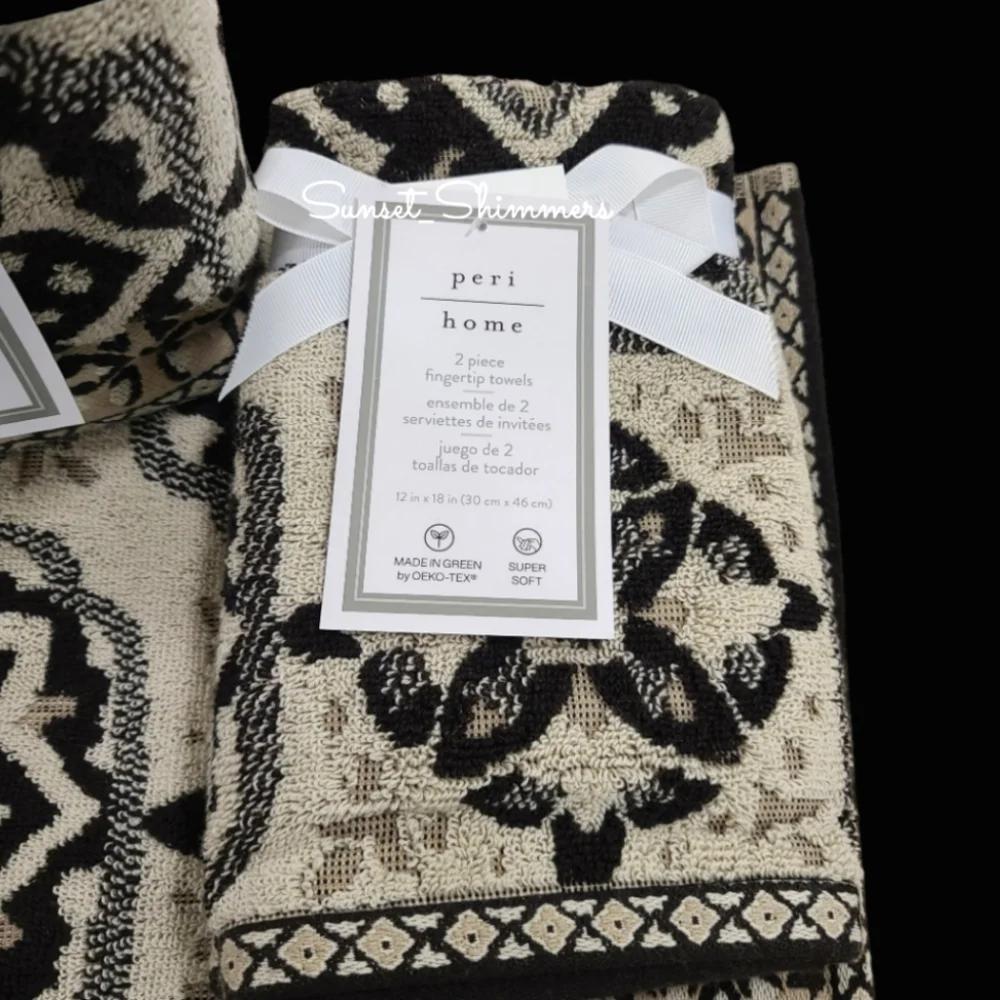 6pc Peri Home Tan & Black Mediterranean Tile Bath Hand Tip Towel Set New